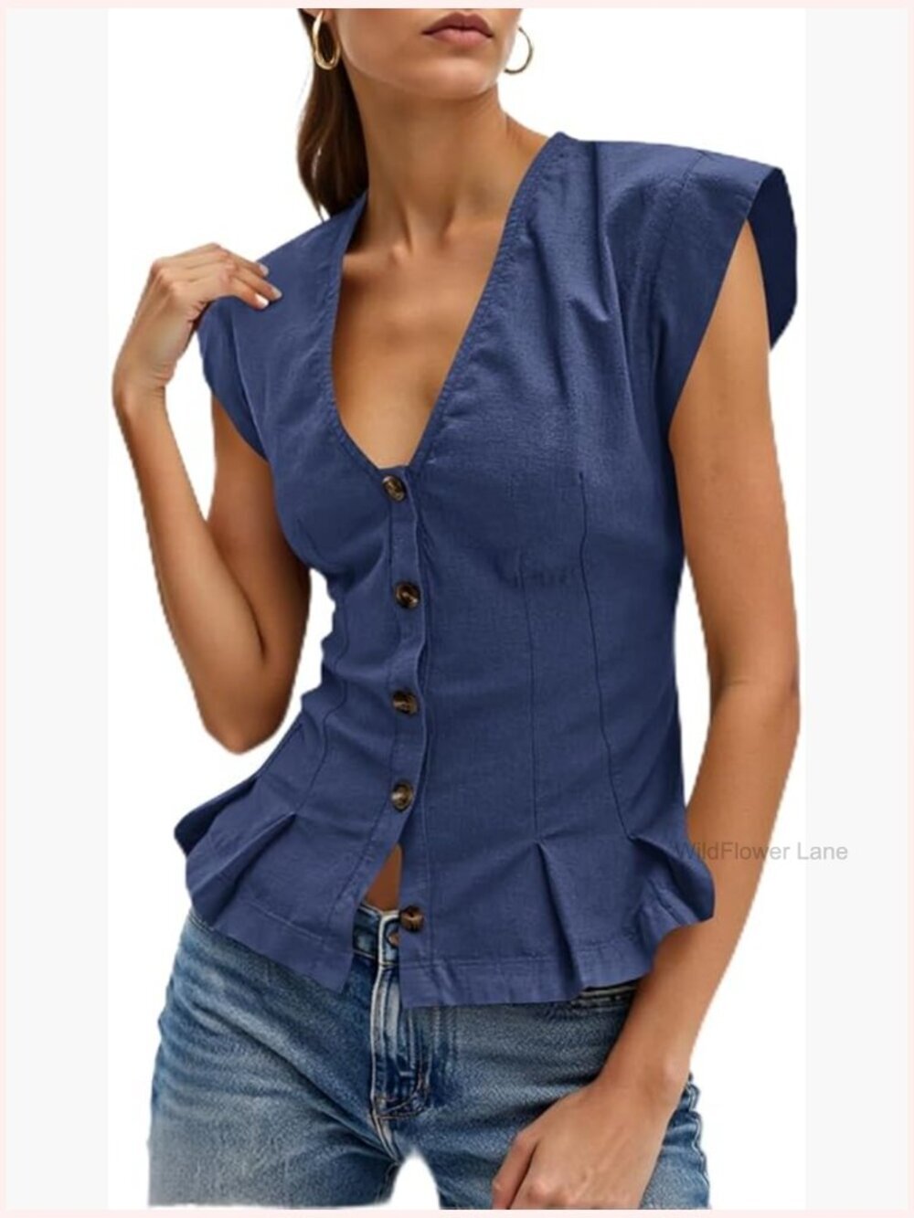 Deep V Neck Cotton Top with Cap Sleeves and Ruffle Hem - Fitted Blouse - Picture 1 of 7